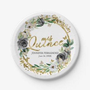 Platos de Papel Quinceañera Mariposa Floral Negro