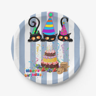 Platos de papel, raya azul y blanca Cumpleaños
