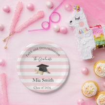Platos de Papel, Raya Rosa y Blanca Graduado 2026