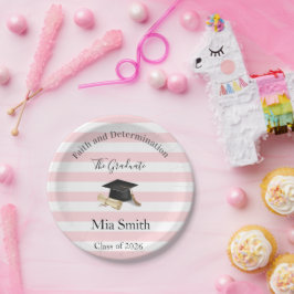 Platos de Papel, Raya Rosa y Blanca Graduado 2026