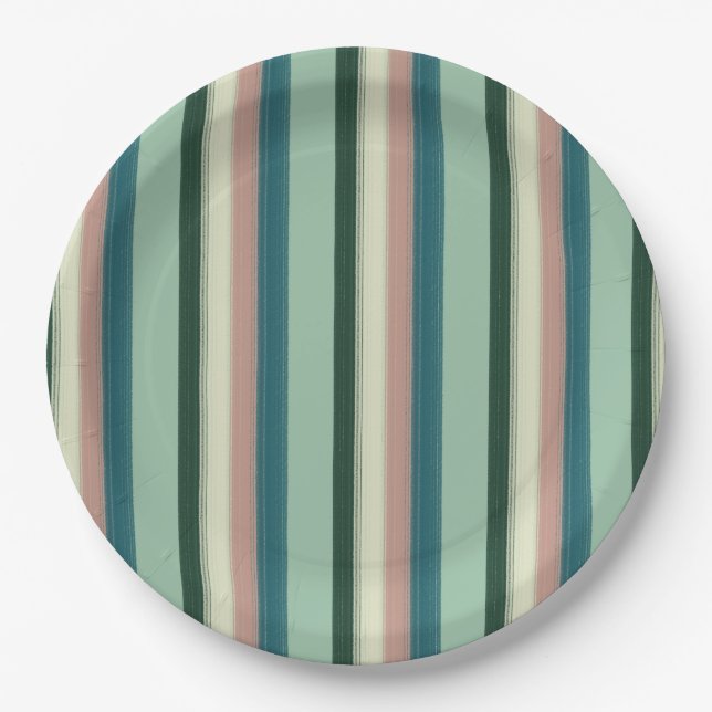 Platos de papel rayados verde salvia (Anverso)