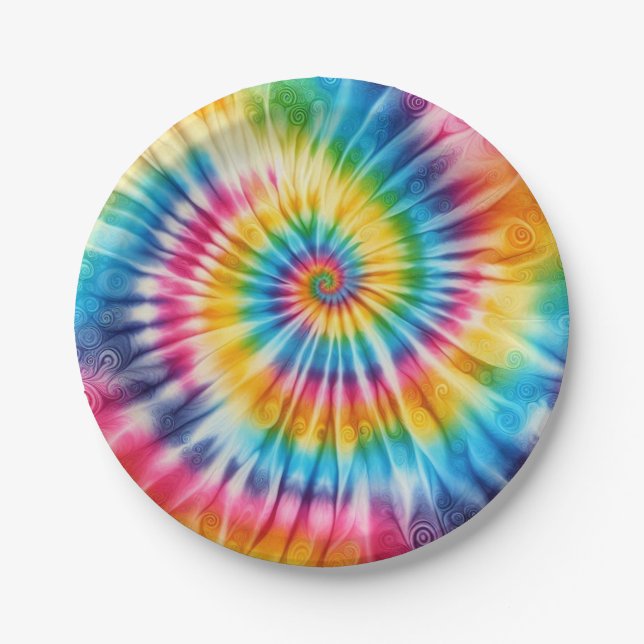 Platos de papel retro tie-dye arcoíris psicodélico (Anverso)