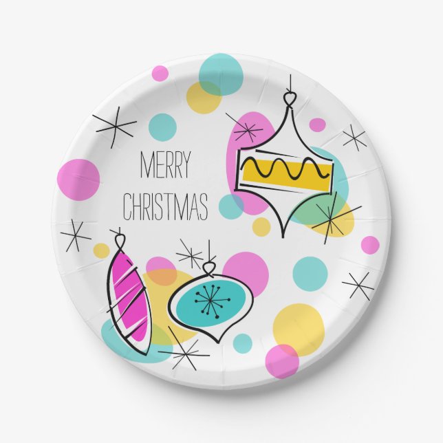 Platos de papel Retro Tree Baubles Feliz Navidad (Anverso)