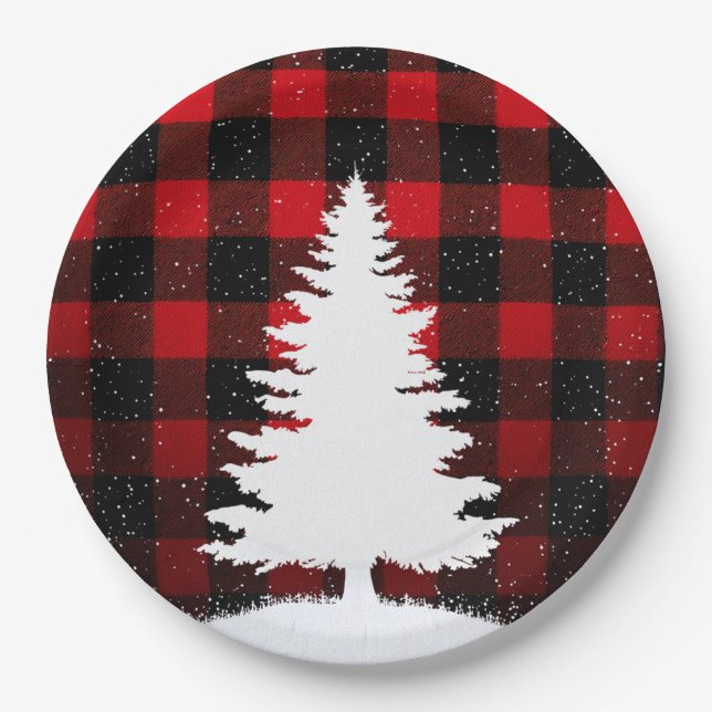 Platos de papel Rojo Búfalo Feliz Navidad (Anverso)