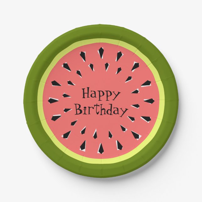 Platos de papel rosa sandía Feliz Cumpleaños (Anverso)