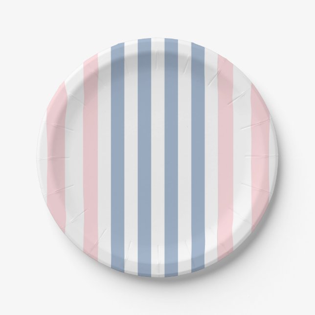 Platos de Papel, Rosa y Blanco Raya Azul (Anverso)