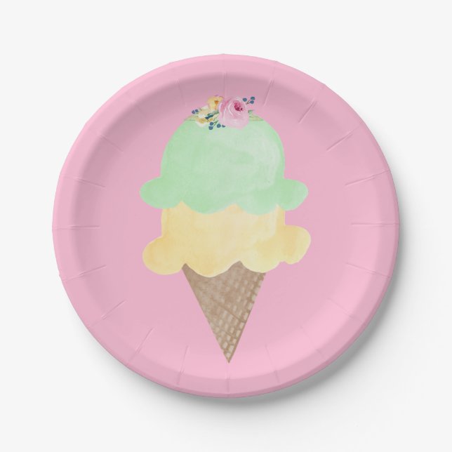 Platos de papel rosado con cono de helado de acuar (Anverso)