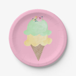 Platos de papel rosados con cono de helado acuarel
