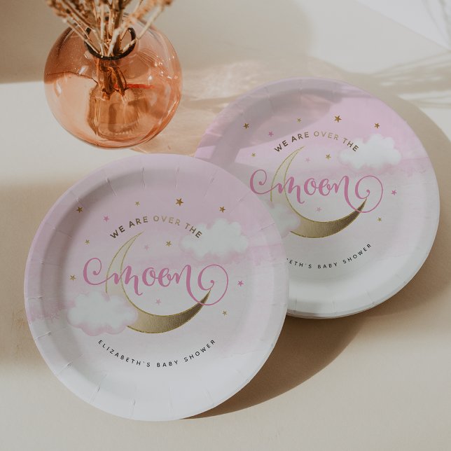 Platos de Papel Rosados Sobre la Luna (Pink Over the Moon Baby Shower Paper Plates
#OverTheMoon)