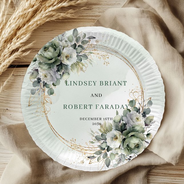 Platos de papel rústicos boho con vegetación y dor (Rustic Boho Greenery and Gold Wedding Paper Plates)