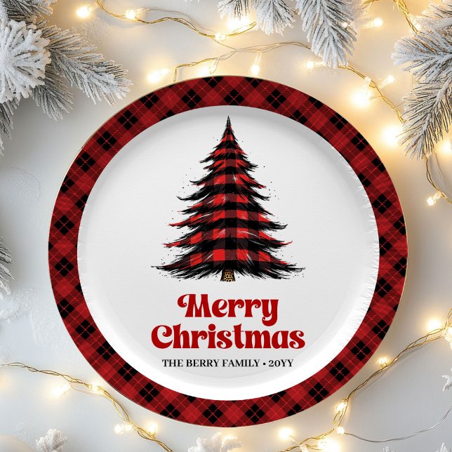 Platos de papel rústicos de Navidad con cuadros de (Rustic Buffalo Plaid Tree Holiday Paper Plates)
