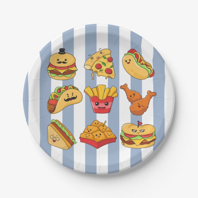 Platos de papel, tacos azules y blancos raya de cu (Anverso)