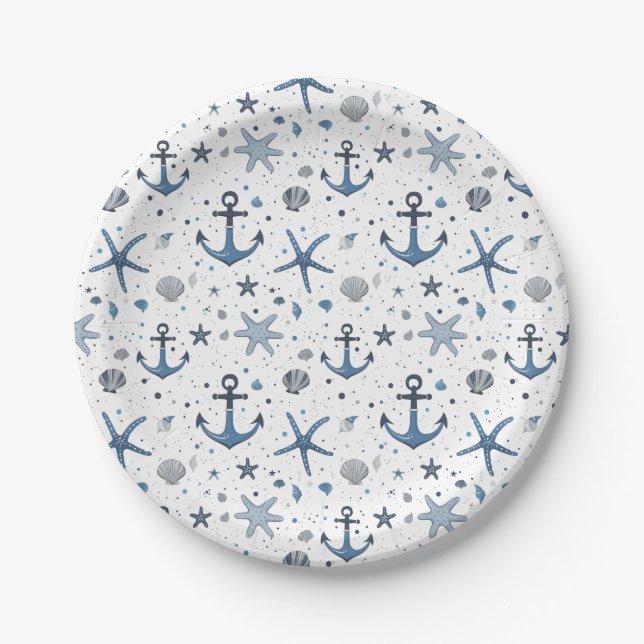 Platos de papel tema playa estrella de mar ancla n (Anverso)