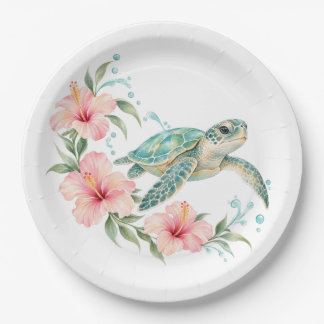 Platos de papel tropicales de tortuga marina y hib