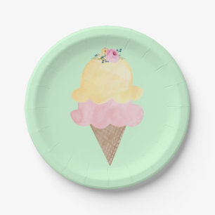 Platos de papel verde con cono de helado de acuare