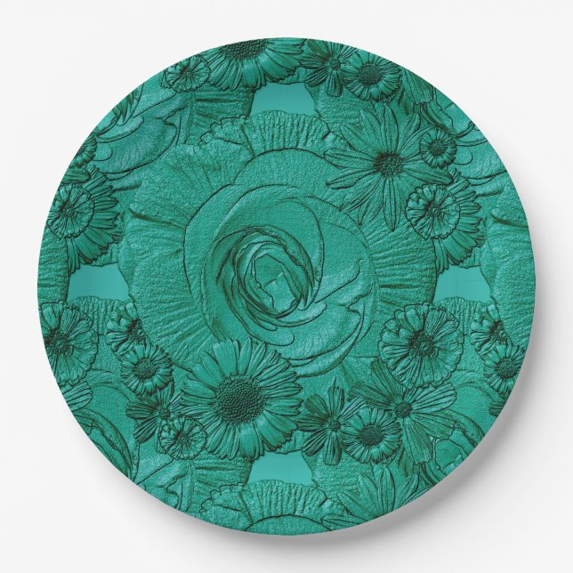 PLATOS DE PAPEL verde de flores Grabado en relieve (Anverso)