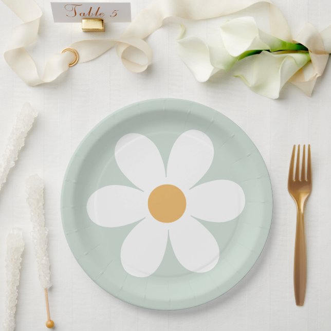 Platos de papel verde margarita retro boho (Boda)