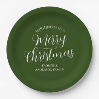 Platos de papel verde personalizados Feliz Navidad