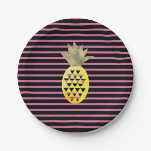 Platos de Piña Tropical Dorado Acuarela Rayado