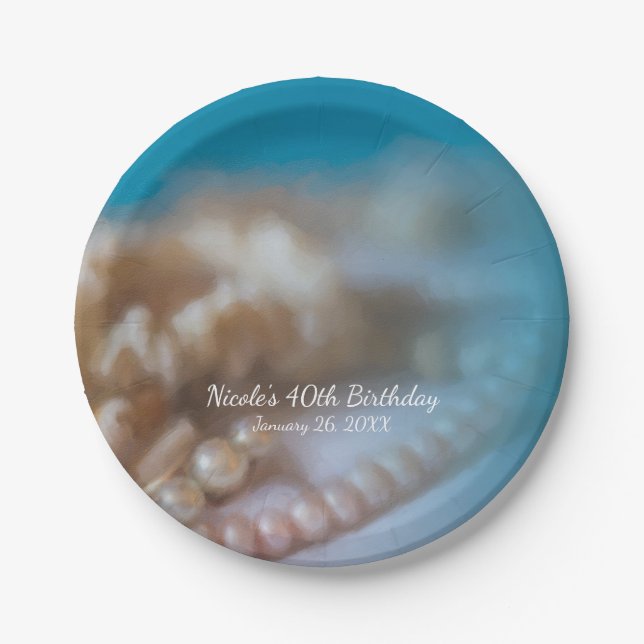 Platos de playa elegantes pintados conchas y perla (Anverso)