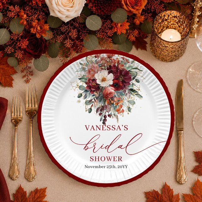 Platos de shower nupcial con flores de oro de Borg (Burgundy Gold Floral greenery bridal shower plates

)