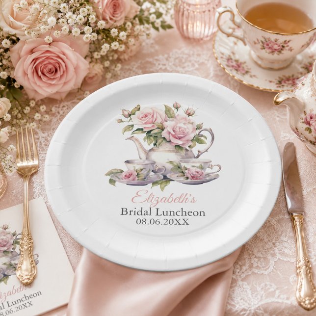 Platos de Té de Fiesta de Desayuno de Boda Rosa Ru (Blush Pink Bridal Luncheon Tea Party Plates)