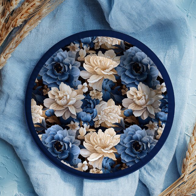Platos Decorativos Florales de Marfil Blanco Navy  (Stylish Navy White Ivory Floral Decorative Plates)