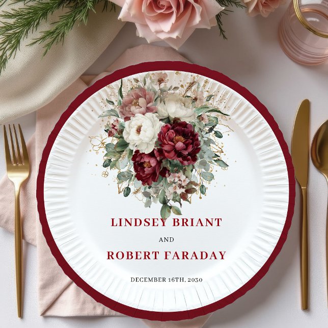 Platos dorados con flores de greenery y burgundy e (Designer Boho Burgundy Floral Greenery Gold Plates)