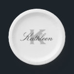 Platos elegantes de fiesta de papel monogramado pe<br><div class="desc">Elegantes platos personalizados monogramados de papel fiesta. Placas de papel desechables para cumpleaños,  boda,  ducha para bebés y más. Plantilla monograma elegante con tipografía de escritura elegante. Diseño elegante en blanco y negro. Excelente para pastel y más</div>