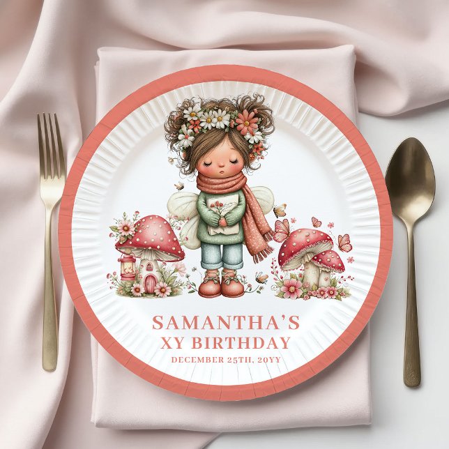 Platos Florales de Hongos para Cumpleaños de Hada  (Cute Fairy 8th Birthday Mushroom Floral Plates)