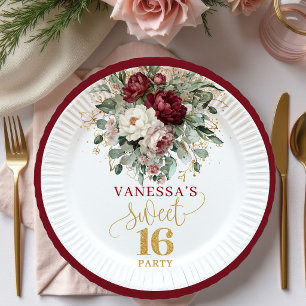 Platos Florales Rosa y Burgundy para Sweet 16 de M