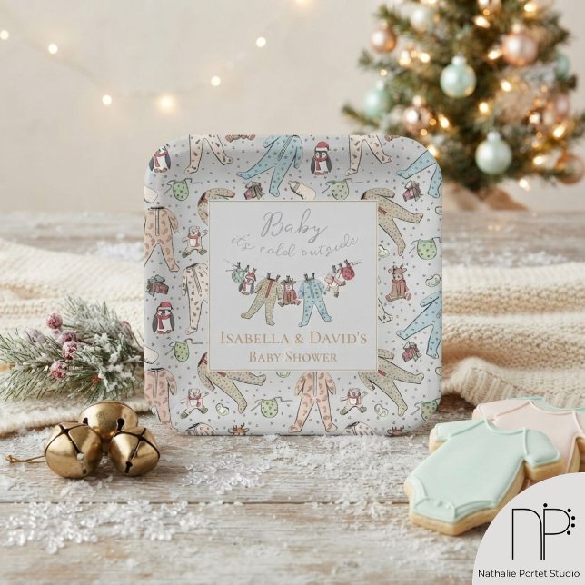 Platos Gris Claro para Baby Shower de Invierno (These winter baby shower light gray plates feature hand-drawn art for Baby It's Cold Outside party )