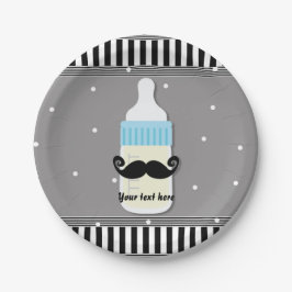 Platos modernos de baby shower con botella y bigot