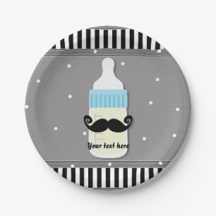 Platos modernos de baby shower con botella y bigot