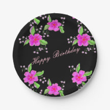 Platos Negros de Cumpleaños con Flor Preciosa Rosa