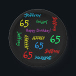 Platos negros, fiesta de cumpleaños número 65, rep<br><div class="desc">Qué plato de papel personalizado maravilloso para una fiesta de cumpleaños número 65 o cualquier otra ocasión. El nombre y la edad se repiten en diferentes fuentes y colores primarios en un fondo negro. Fácil de personalizar: CAMBIE NOMBRE, EDAD Y OCASIÓN EN UN SOLO LUGAR. Admite un nombre de hasta...</div>
