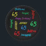 Platos negros, fiesta de cumpleaños número 65, rep<br><div class="desc">Qué plato de papel personalizado maravilloso para una fiesta de cumpleaños número 65 o cualquier otra ocasión. El nombre y la edad se repiten en diferentes fuentes y colores primarios en un fondo negro. Fácil de personalizar: CAMBIE NOMBRE, EDAD Y OCASIÓN EN UN SOLO LUGAR. Admite un nombre de hasta...</div>