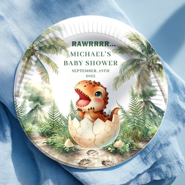 Platos para Baby Shower Huevo de Dinosaurio Dulce  (Sweet Dino Egg Baby Shower Hatching Soon Plates)