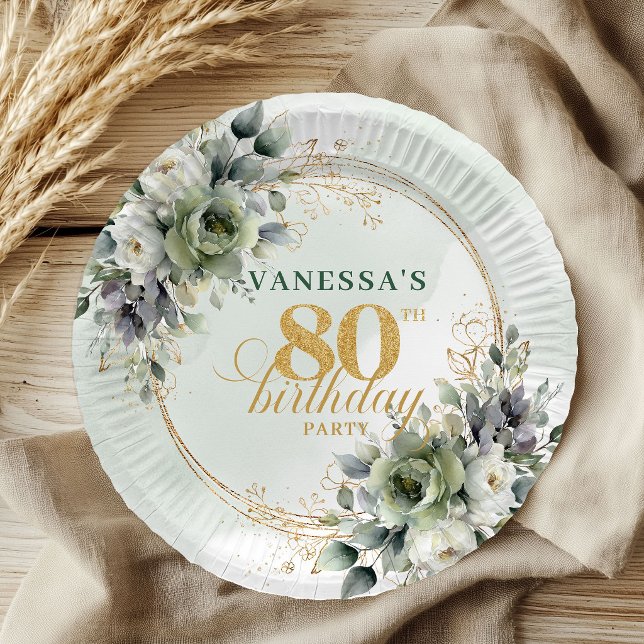 Platos para evento de cumpleaños número 80 de colo (Botanical Dusty Green 80th Birthday Event Plates)