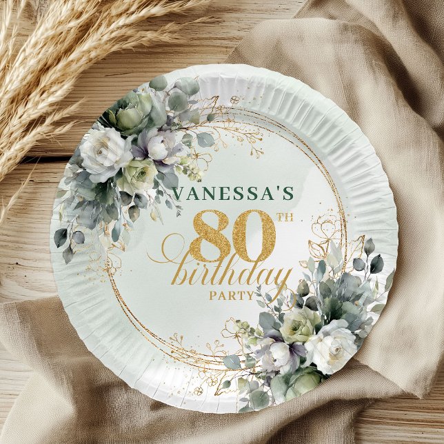 Platos para fiesta de cumpleaños 80 botánicos verd (Green White Botanical 80th Birthday Party Plates)