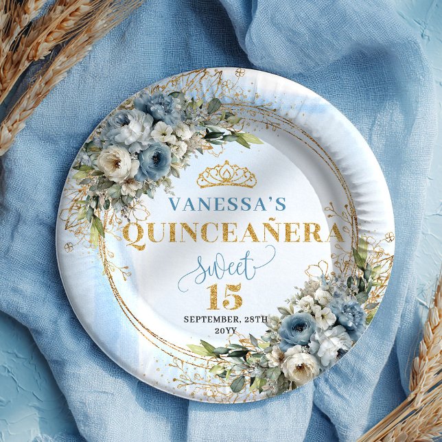 Platos personalizados de flores azules pastel euca (Pastel Blue Floral Eucalyptus Gold Custom Plates)