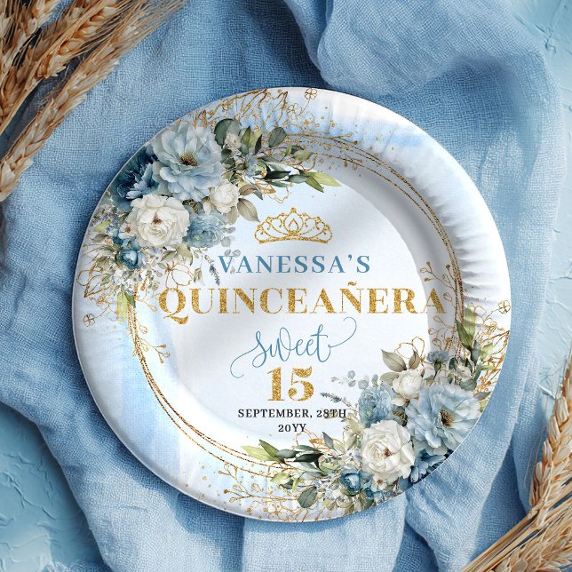 Platos Personalizados de Flores Azules Polvoriento (Dusty Blue Floral Gold Glitter Personalized Plates)