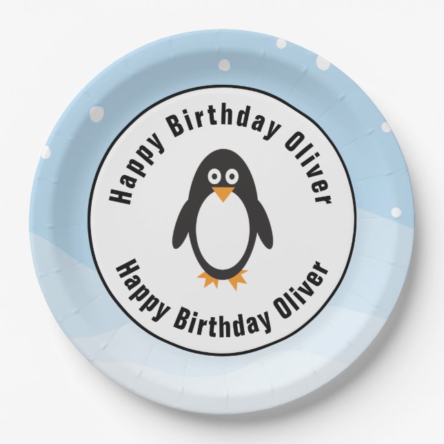Platos pingüinos de fiesta de cumpleaños con escen (Anverso)