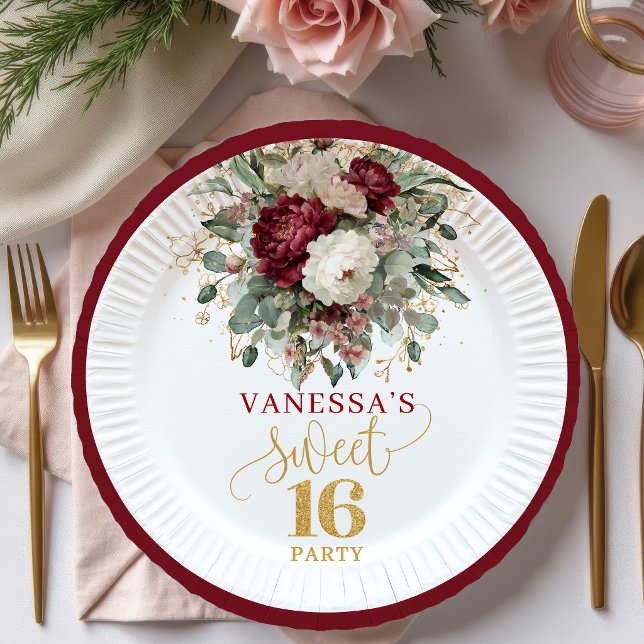 Platos Rústicos Sweet 16 Rosa Borgoña Eucalipto (Rustic Sweet 16 Blush Burgundy Eucalyptus Plates)