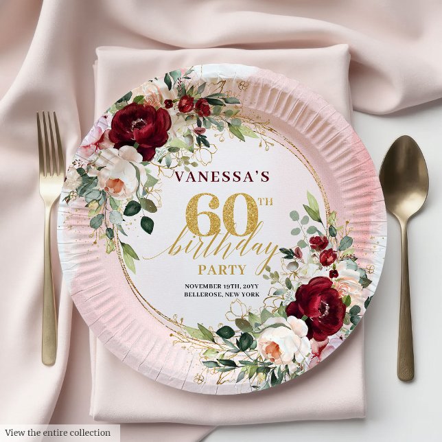 Platos Sofisticados Boho Marsala Rosas Rubor Dorad (Sophisticated Boho Marsala Blush Gold Roses Plates

)