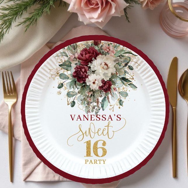 Platos Soft Sweet 16 Blush Burgundy Eucalyptus (Soft Sweet 16 Blush Burgundy Eucalyptus Plates)