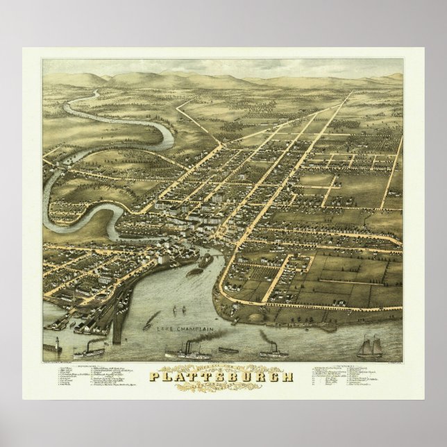 Plattsburgh NY, 1877: Impresión antigua (Frente)