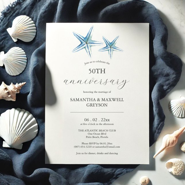 Playa 50 Aniversario Boda Invitación Starfish (50th wedding anniversary invitations watercolor blue starfish Victoria Grigaliunas Do Tell A Belle)