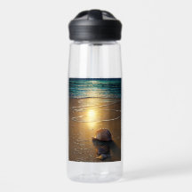 Playa al atardecer con botella de agua de conchas