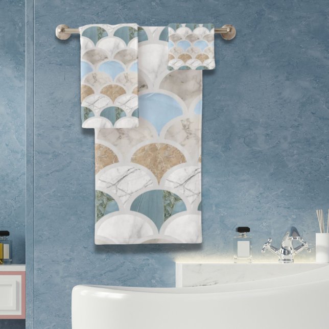 playa aquagana azul mármol blanco escalas de siren (beach aqua blue white marble pastel mermaid scales bath towel set)